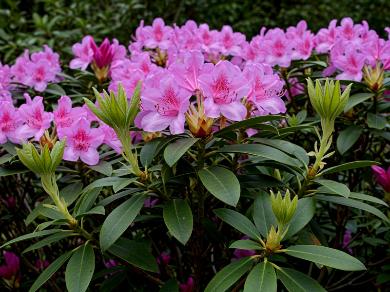 A rhododendron bush with five-petaled, pink flowers and green foliage